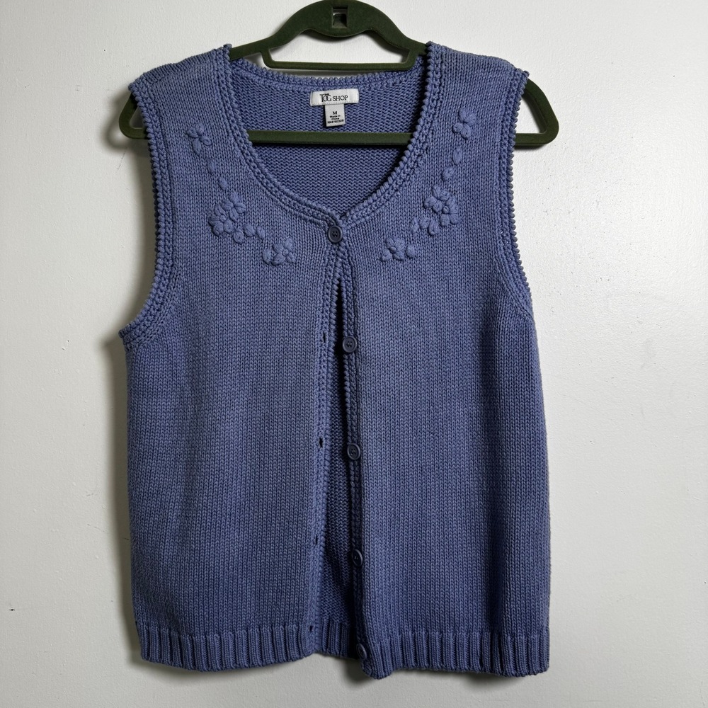 The Tog Shop Sweater Vest M Periwinkle Blue Floral‎ Embroidered Button Front - Picture 7 of 8